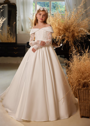 Ivory Lace Satin Keyhole Back Flower Girl Dress With Oversized Bow